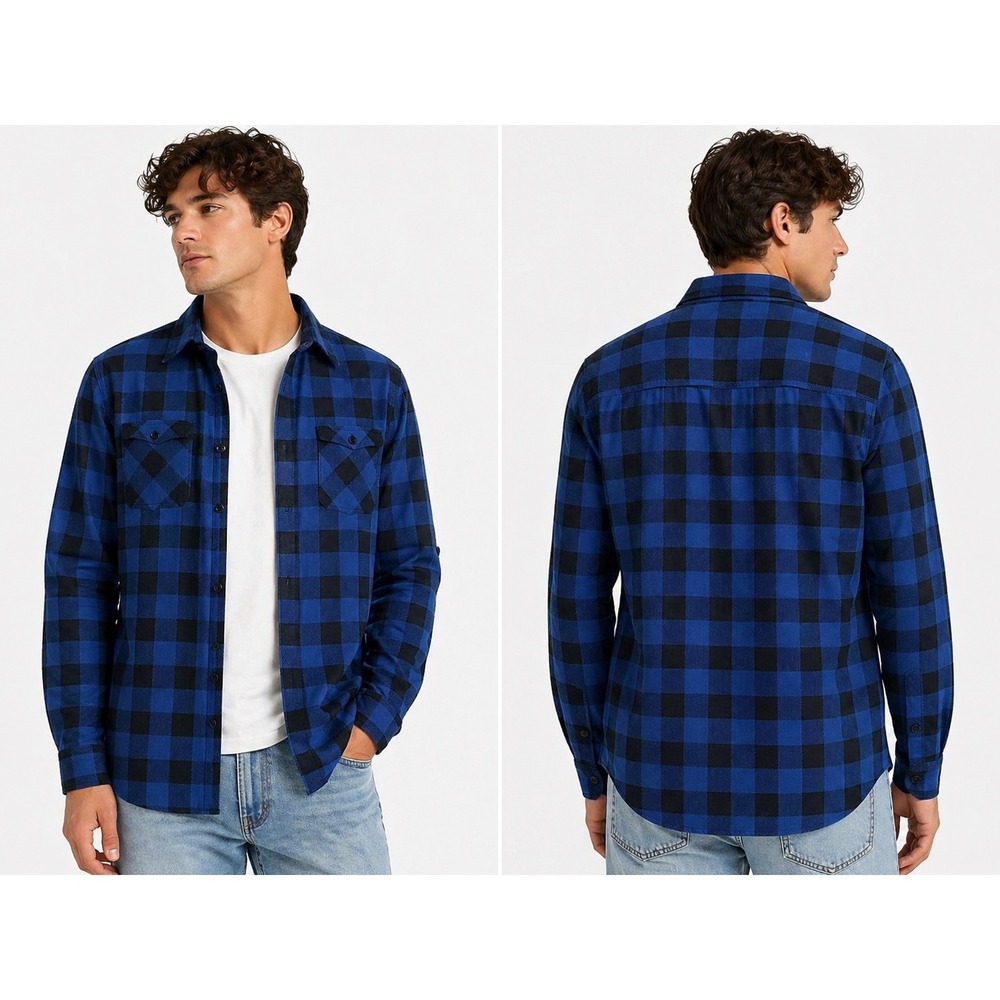 DJT Plaid Button Up Shirt Mens Large Blue Black Buffalo Check Roll Tab Grunge‎